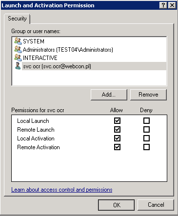 The image shows permissions for svc ocr